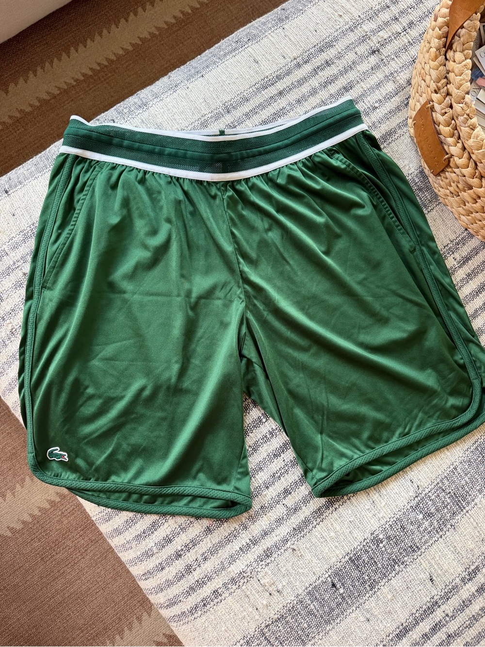 Lacoste Men's Dark Green Athletic Shorts with White Waist Stripe